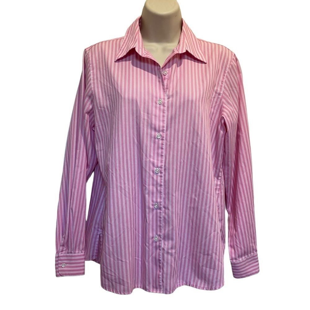 Foxcroft Wrinkle Free Shaped Fit Pink White Striped Button Down Shirt Spring 6